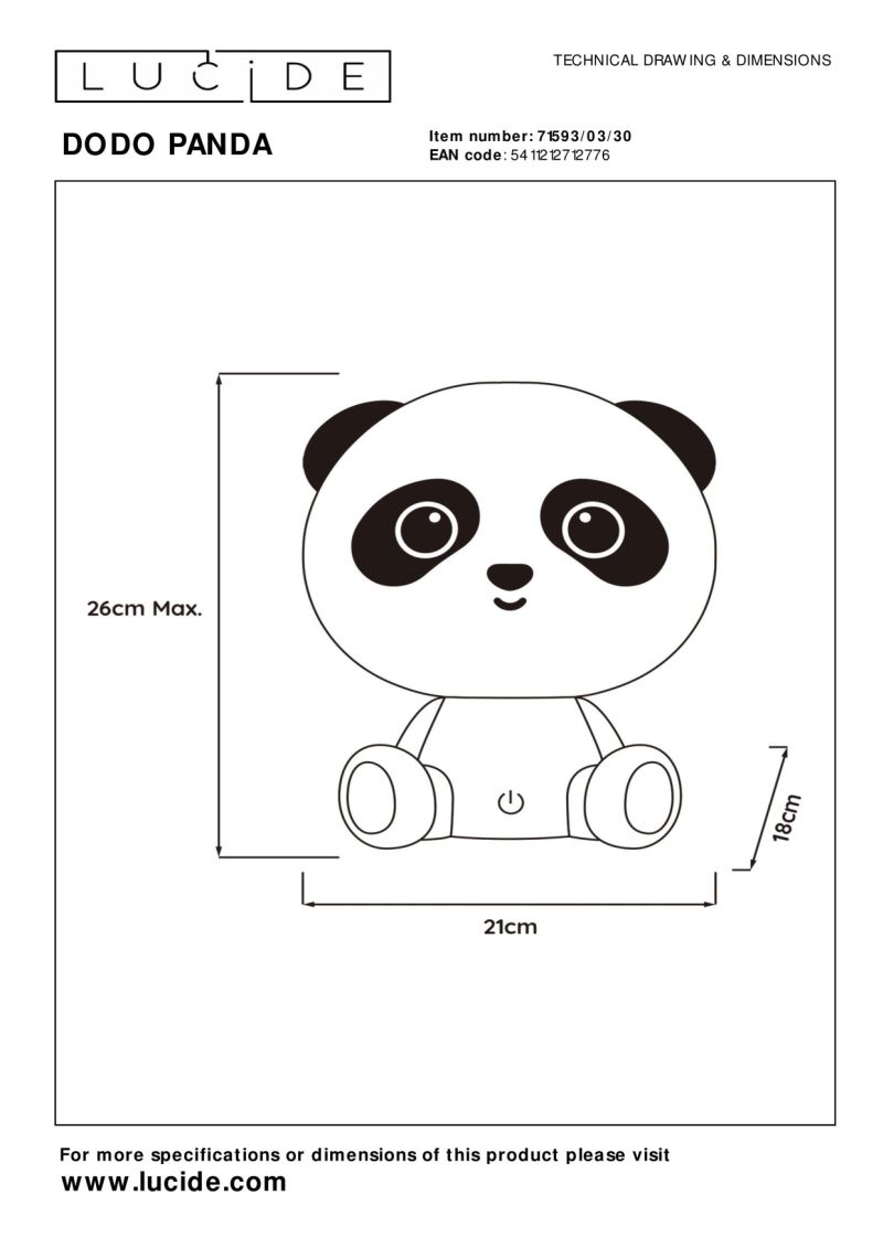 Lucide DODO PANDA - Stolná lampa detská - LED Dim. - 1x3W - 3 StepDim - Čierna